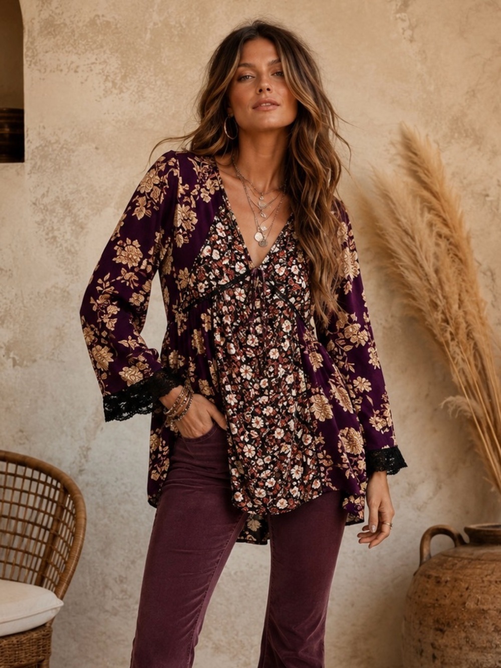 NWT Free People Odette Espresso Floral Print Babydoll Women’s Tunic Sz S